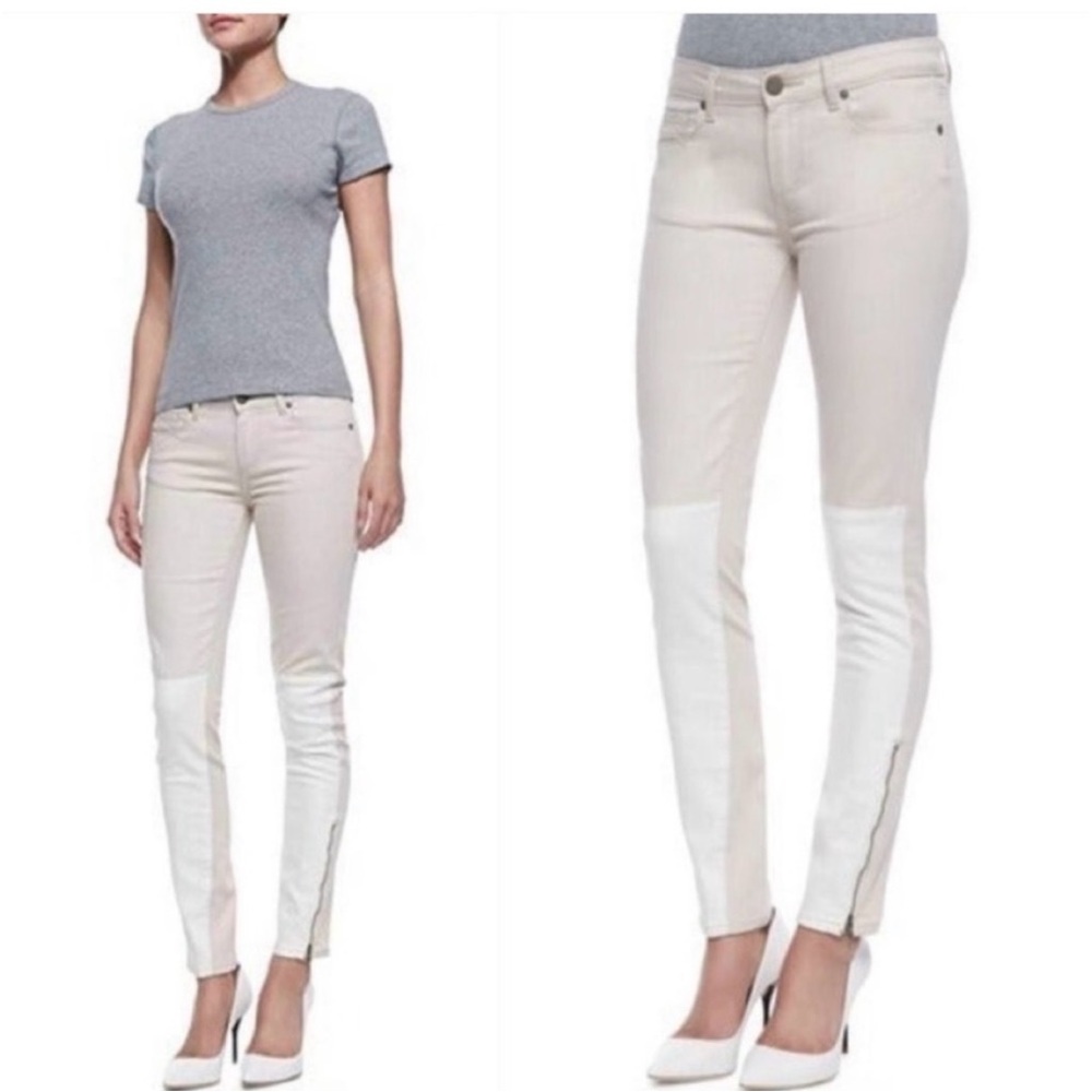 PAIGE Serenity Cara Block (tan & white) Ankle Zip Women’s Skinny Jeans